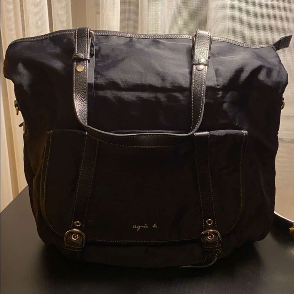 Agnes B Nylon & Leather Shoulder Bag w/ Strap